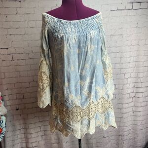 Union of Angels size medium blue and cream off the shoulder dress